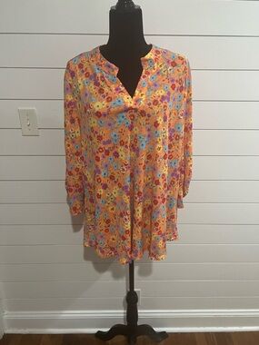 Orange Floral Split-Neck Tunic Top